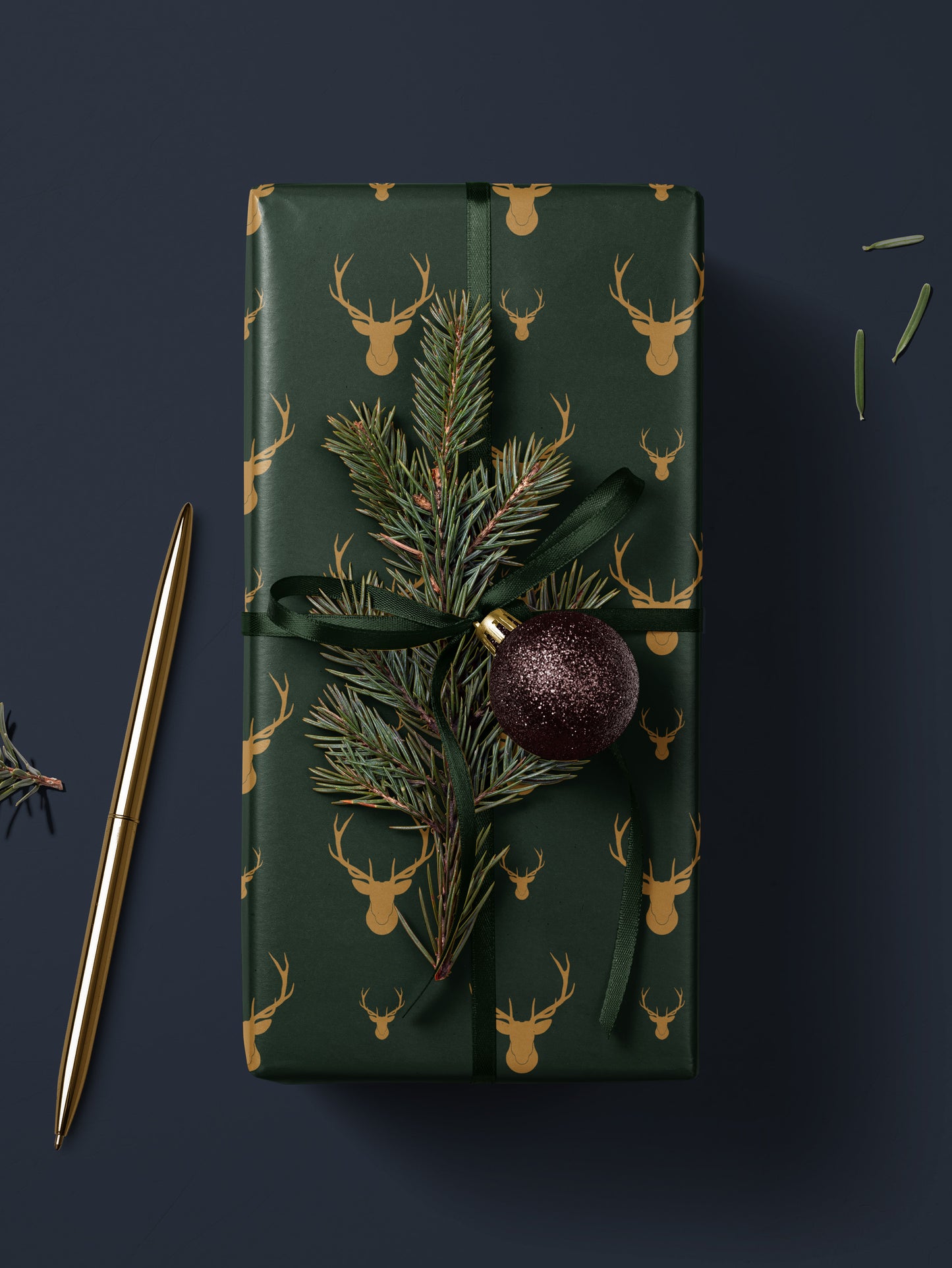 Golden Deer - Green Wrapping Paper - House of Parlington