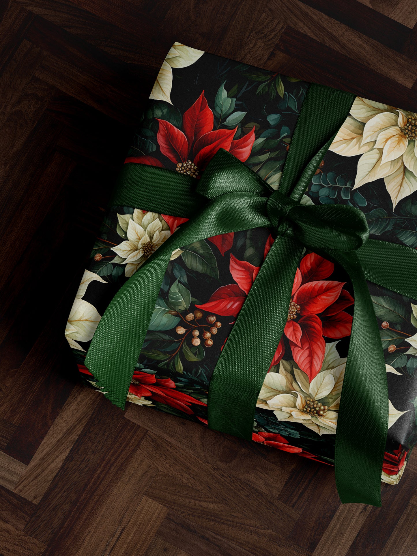 christmas poinsettia gift wrap folded, festive floral wrapping paper for holiday presents