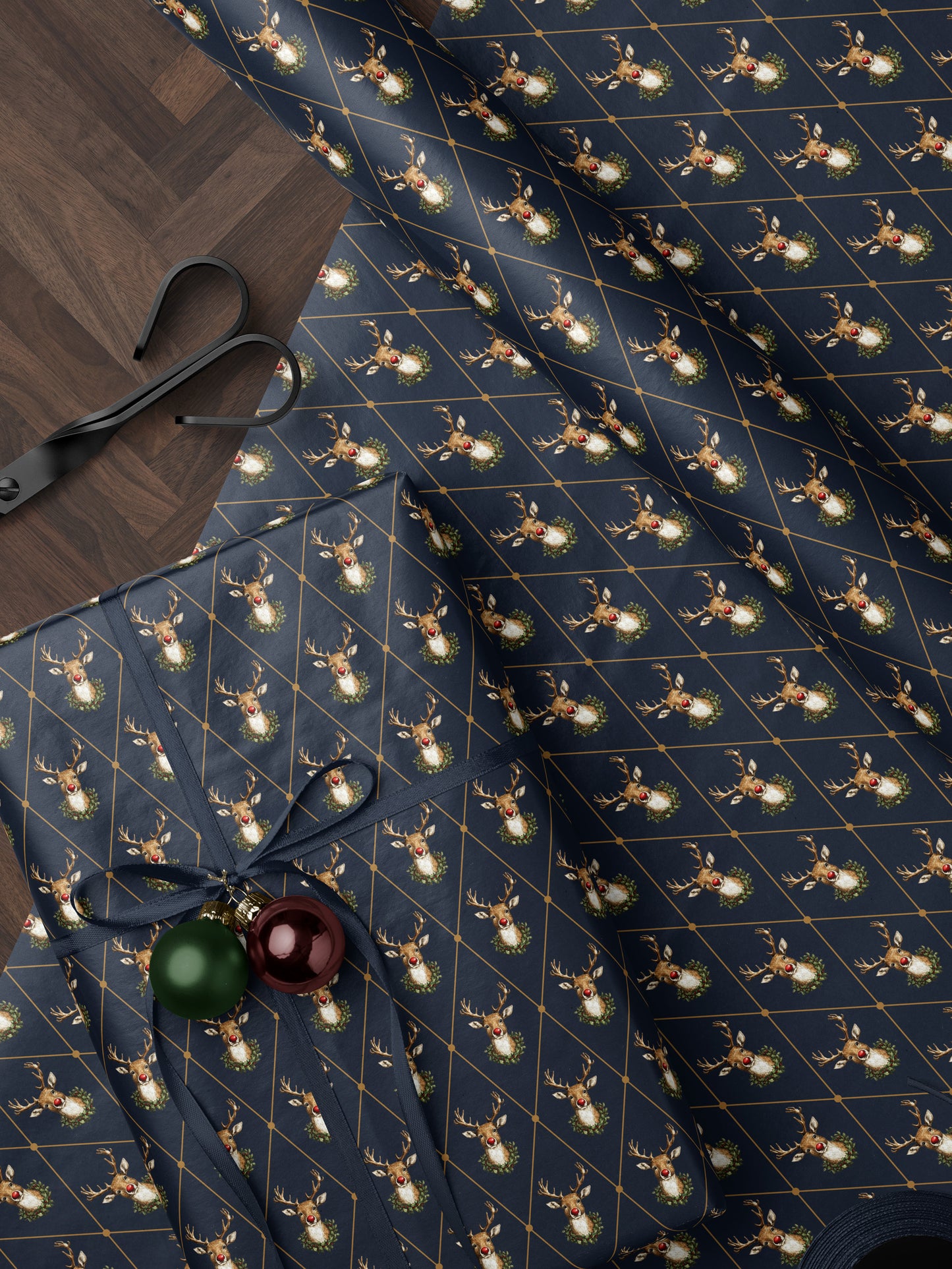 Festive Reindeer - Blue Wrapping Paper - House of Parlington