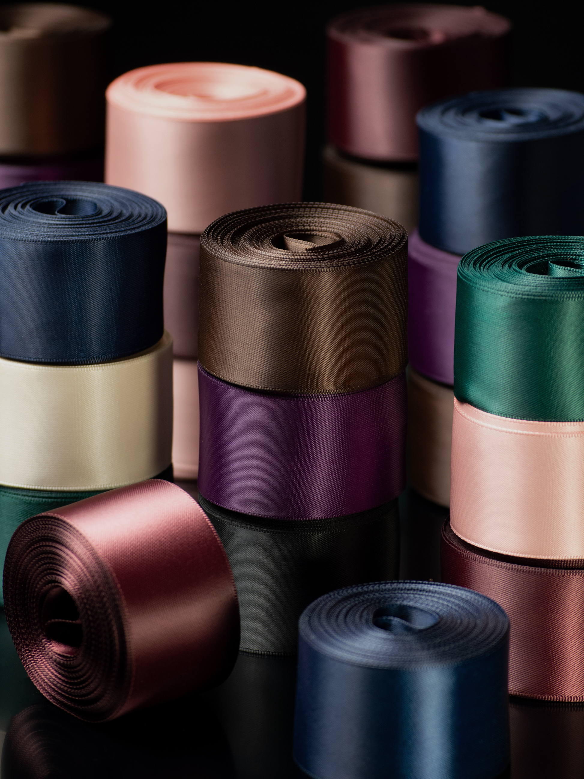 Double faced satin ribbon color samples featuring the full House of Parlington ribbon collection