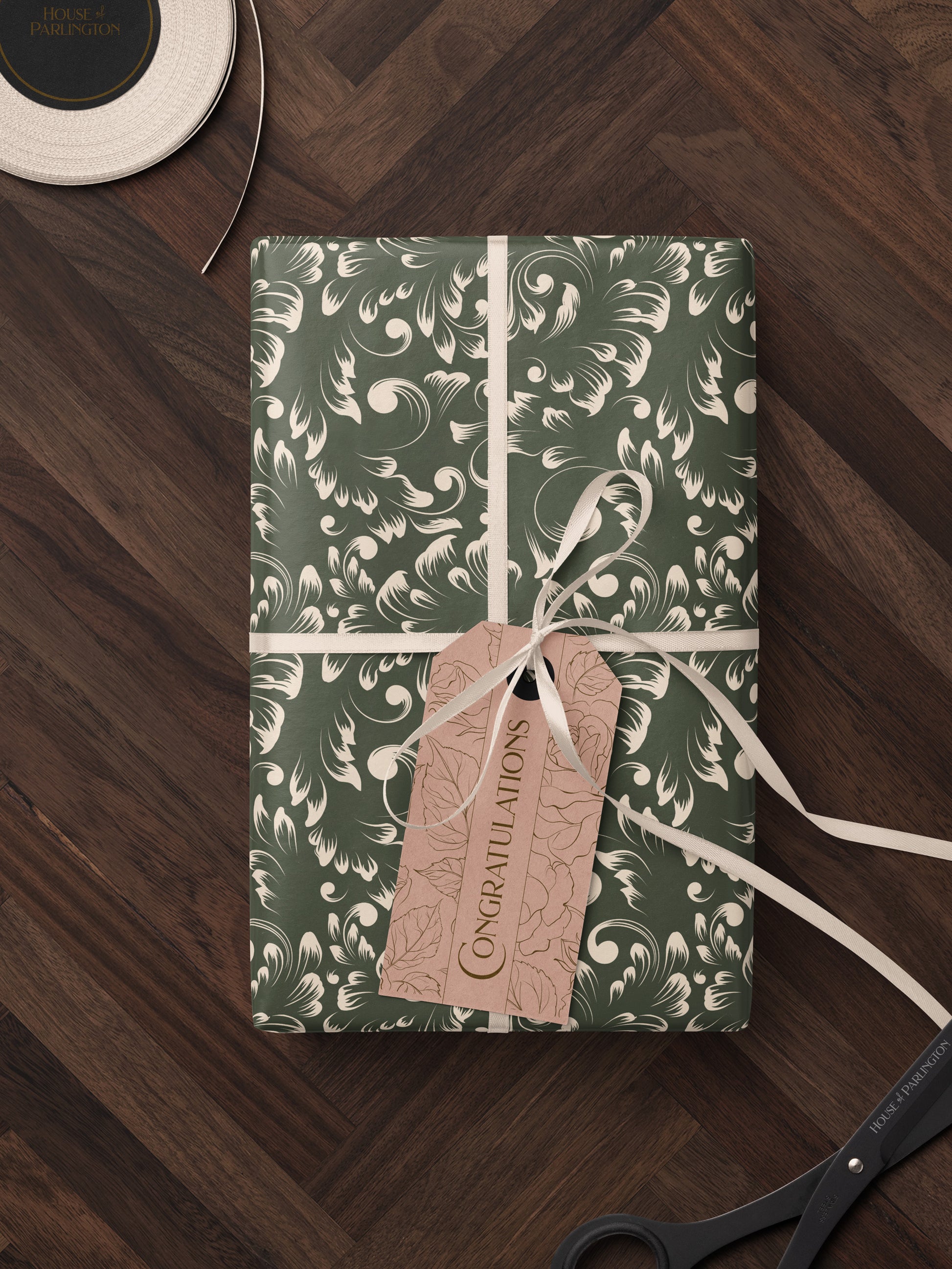 Olive Damask Wrapping Paper - House of Parlington