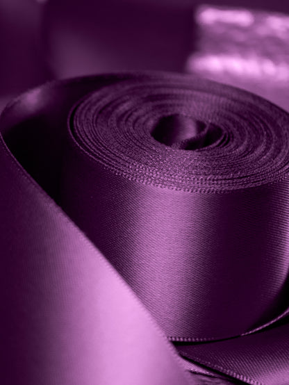 Plum double faced satin gift wrapping ribbon for gifts, weddings, and special occasions