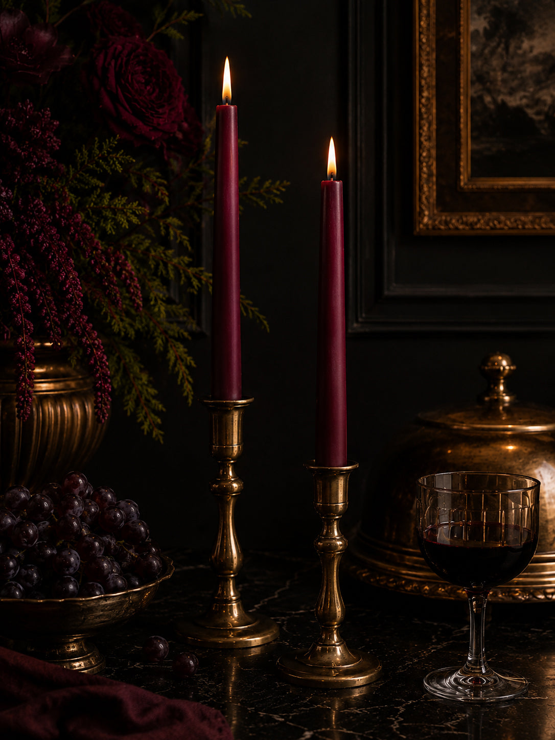 Burgundy Beeswax Taper Candles — 12 Inch, Pair